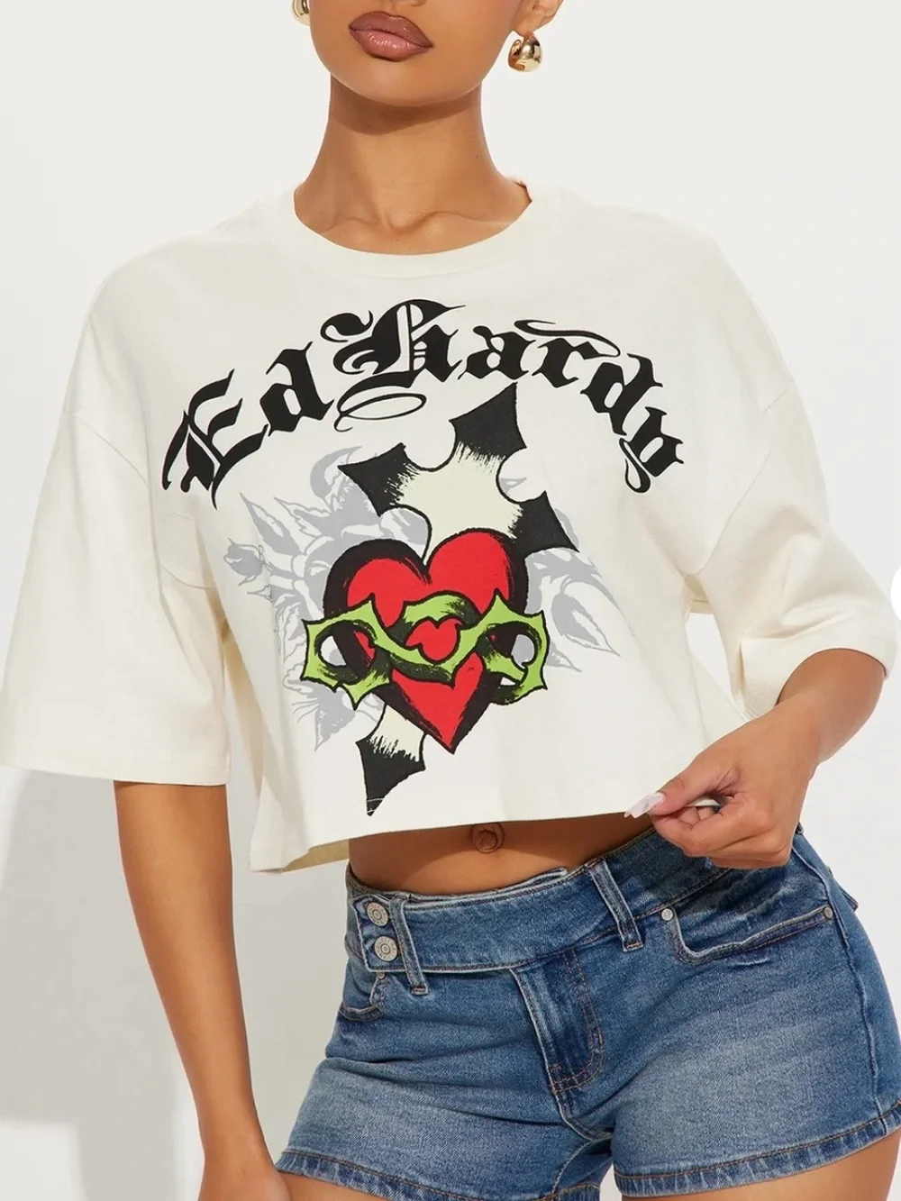 Ed Hardy Black Tattoo-Print Joggers with White Cropped Logo Tee - Picture 3 of 10